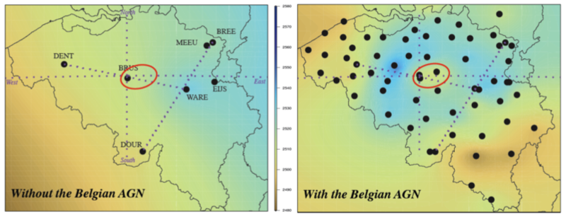 Difference between the Tropospheric Zenith Path delay Field reconstructed with and without the national GNSS densification network